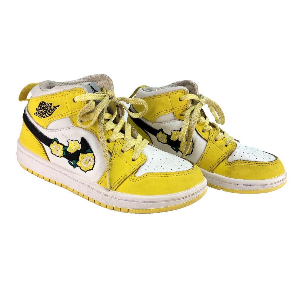 Nike Air Jordan 1 Mid SE TD Floral 12.5 Child Yellow Embroidered Rose Patch Shoe